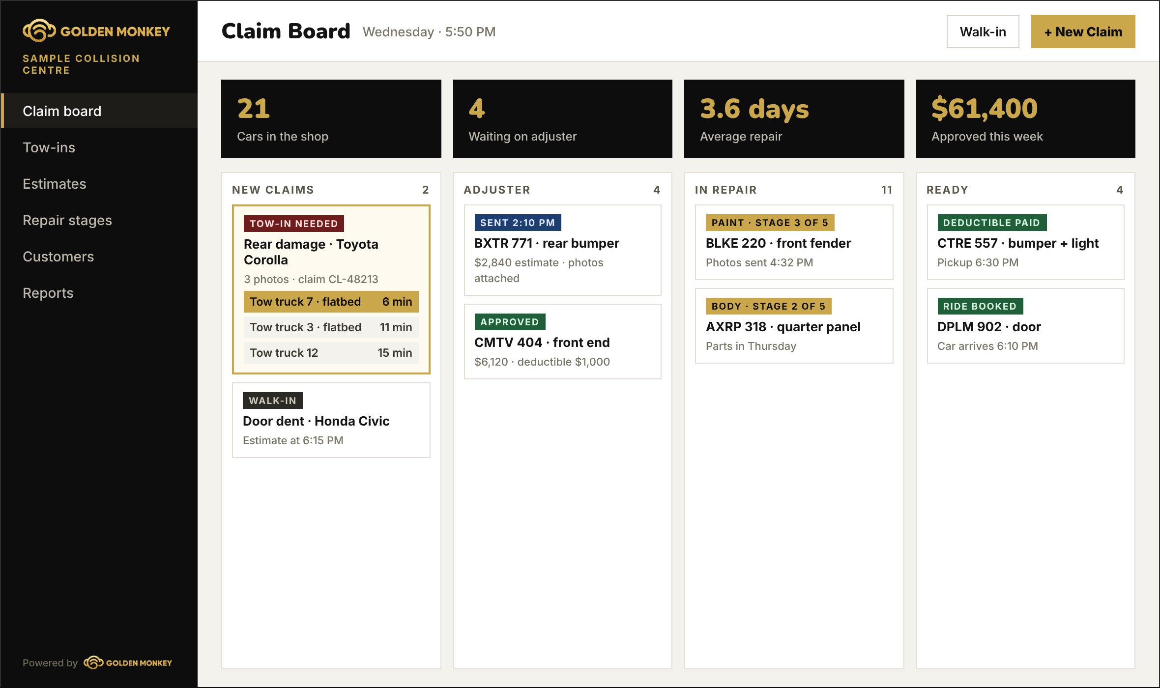 Claim board with new claims, adjuster approvals, cars in repair and ready cars, and the closest tow trucks ranked