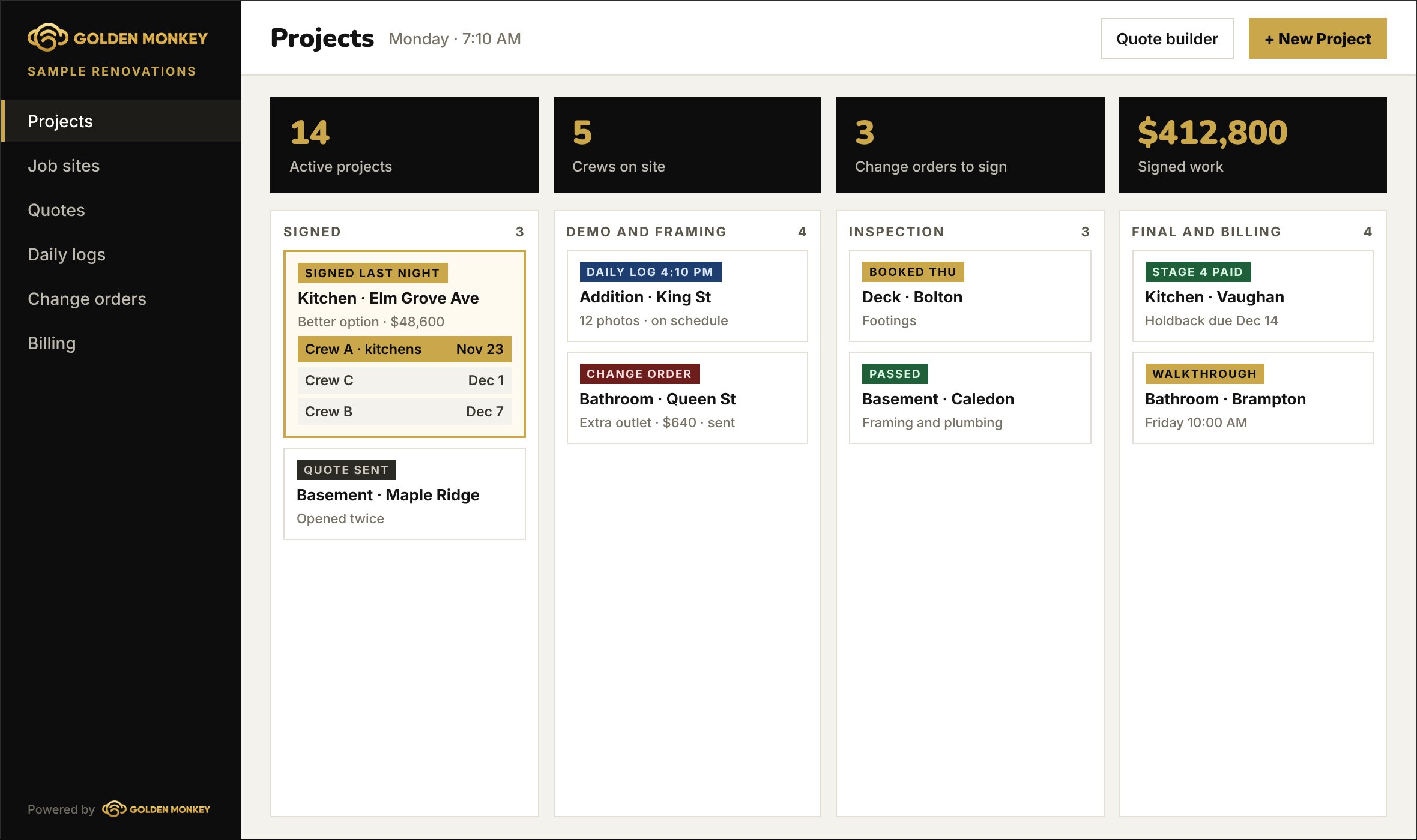 Project board with signed projects, framing, inspections and final billing, and the next free crews ranked