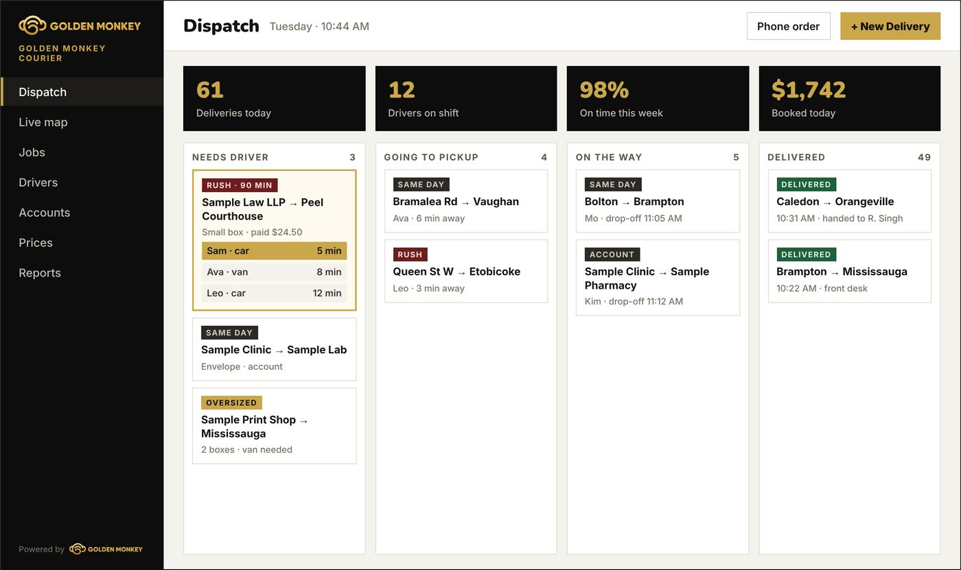 Courier dispatch board with deliveries by status and the closest drivers ranked for a rush job