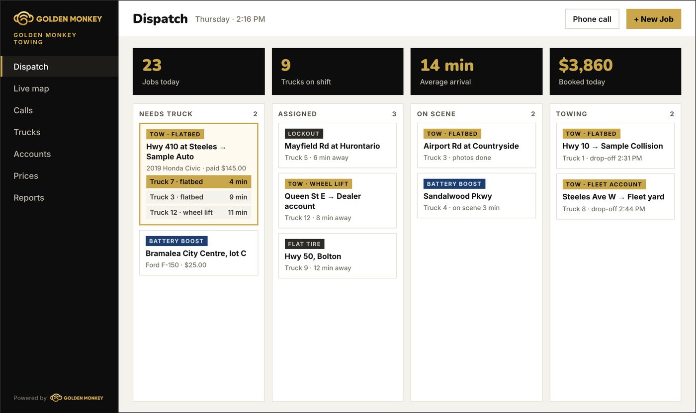 Tow dispatch board with jobs by status and the closest trucks ranked for a new tow
