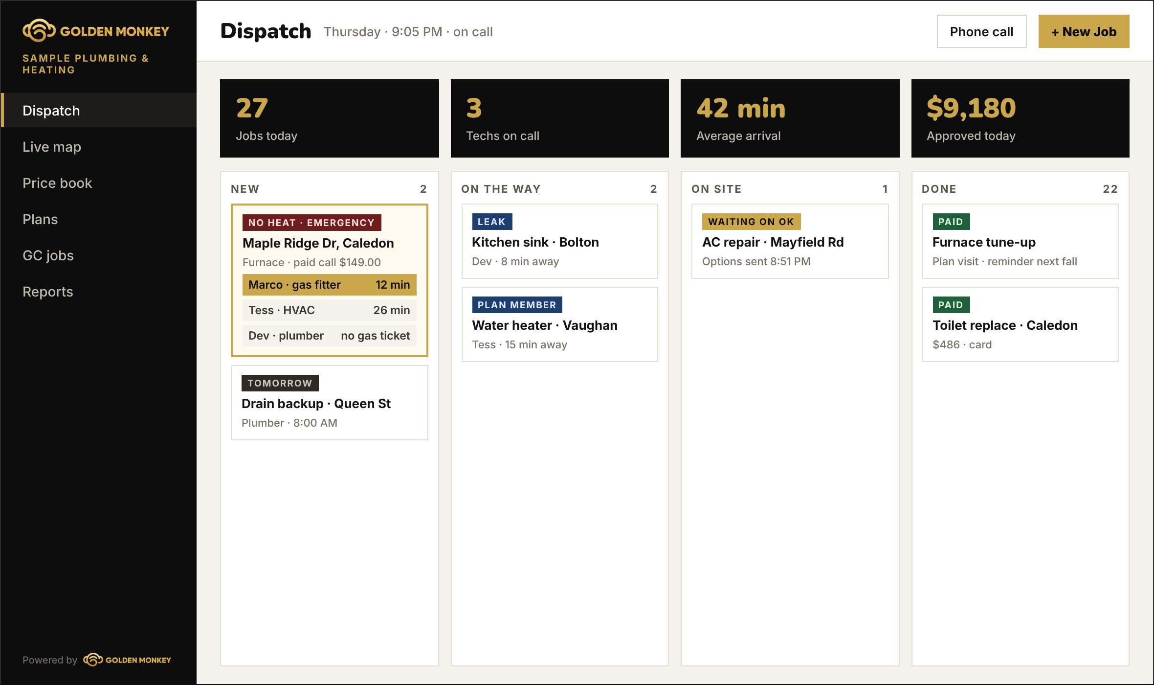Dispatch board with an emergency no-heat call and the closest techs with the right ticket ranked first